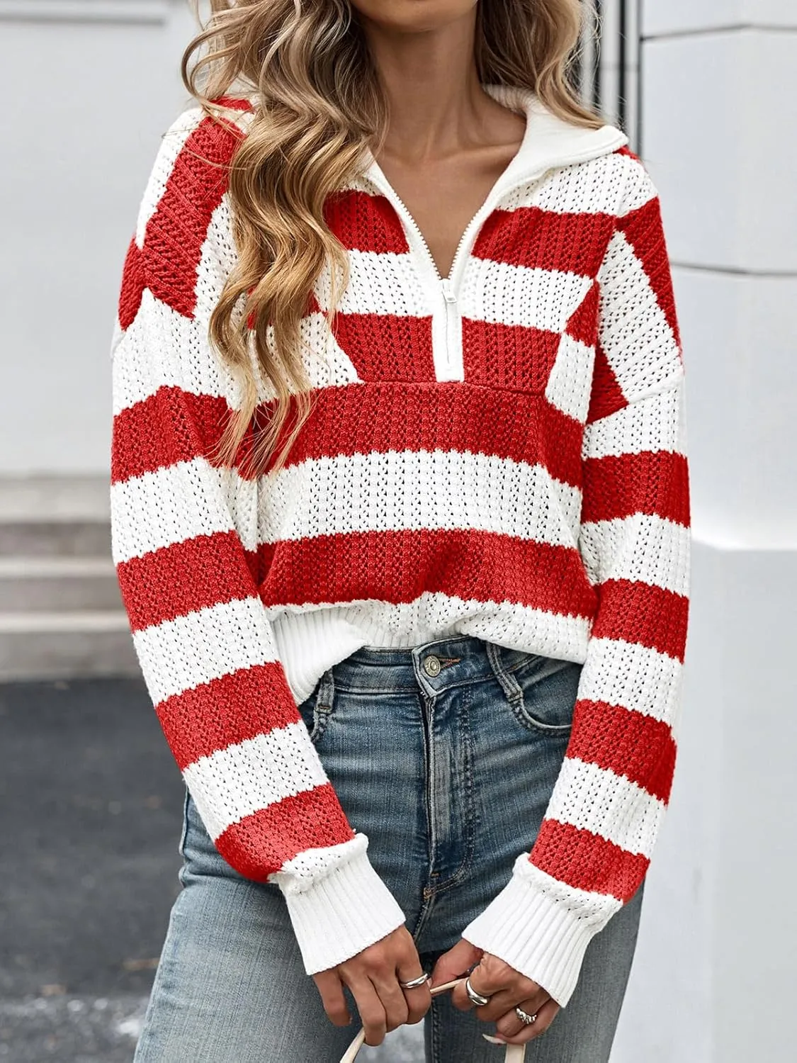 Saodimallsu Womens Striped Crochet Sweaters Half Zip Cropped V Neck Color Block Loose Knit Pullover Tops