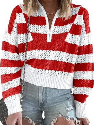 Saodimallsu Womens Striped Crochet Sweaters Half Zip Cropped V Neck Color Block Loose Knit Pullover Tops
