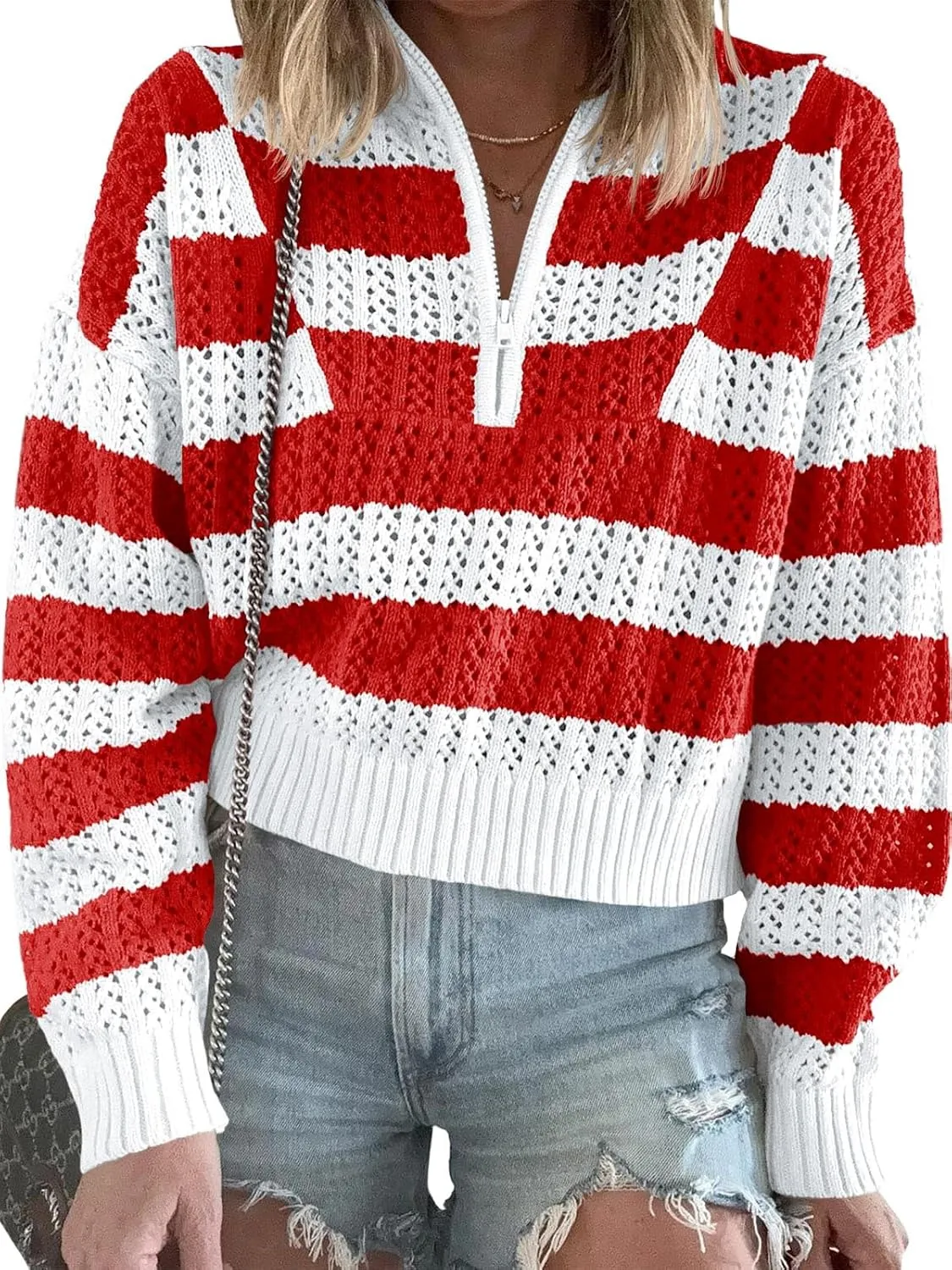 Saodimallsu Womens Striped Crochet Sweaters Half Zip Cropped V Neck Color Block Loose Knit Pullover Tops