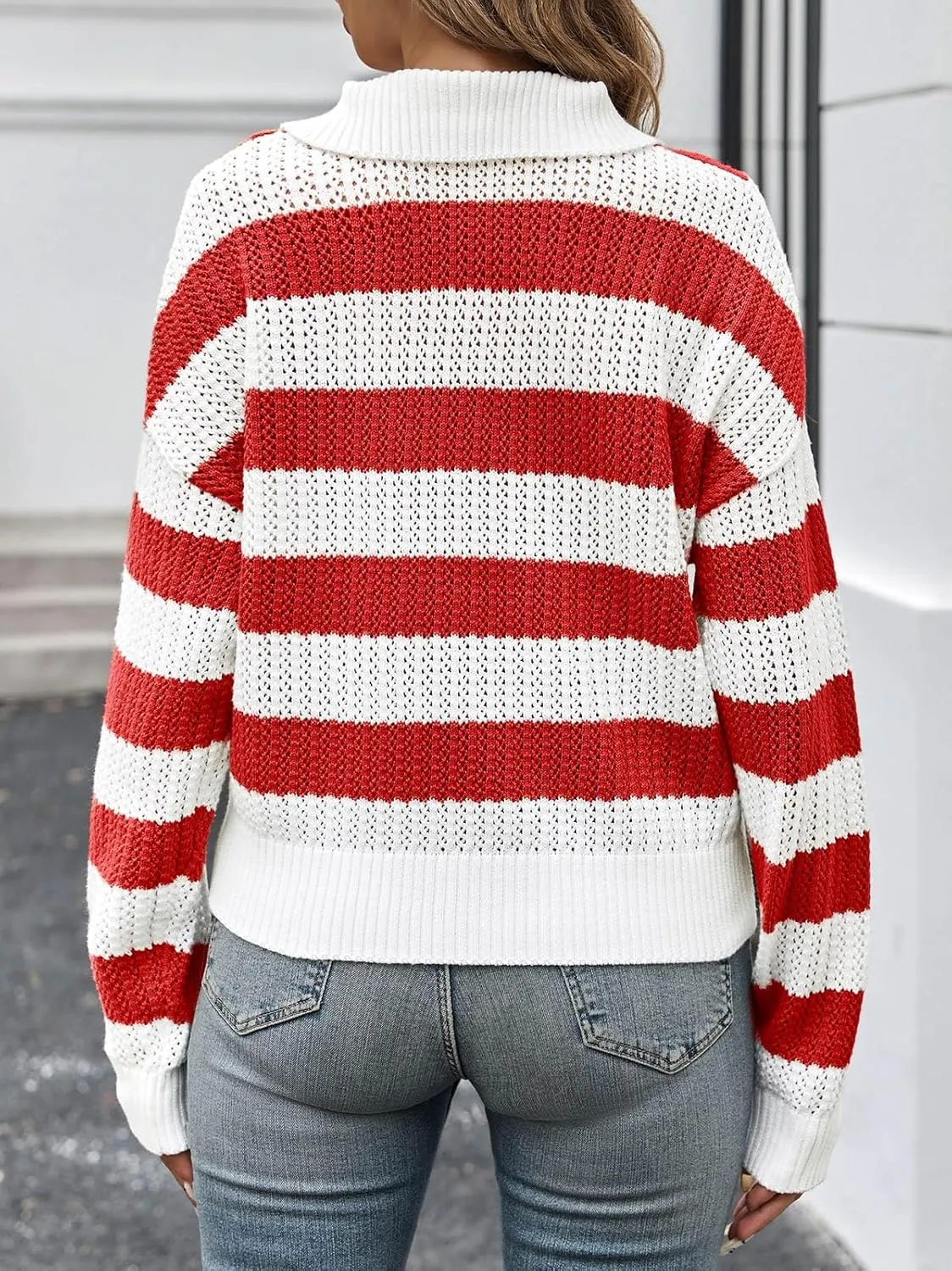 Saodimallsu Womens Striped Crochet Sweaters Half Zip Cropped V Neck Color Block Loose Knit Pullover Tops