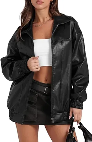 SEMATOMALA Women's Faux Leather Bomber Jacket Motorcycle Coats Oversized PU Fashion Y2K Moto Biker Coats