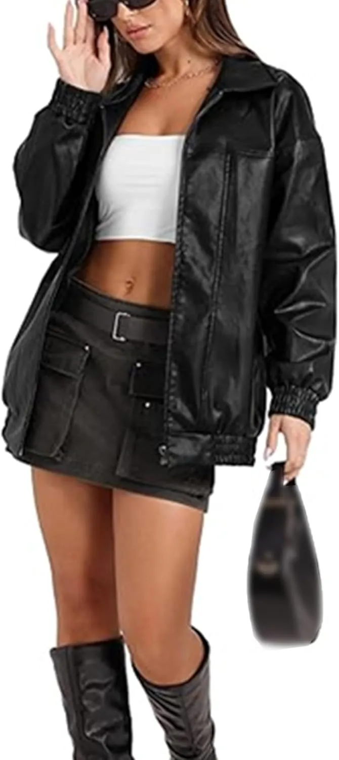 SEMATOMALA Women's Faux Leather Bomber Jacket Motorcycle Coats Oversized PU Fashion Y2K Moto Biker Coats