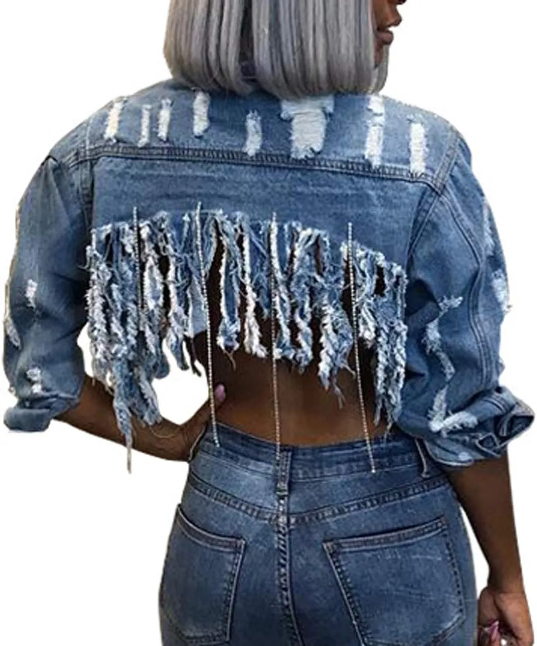 SeNight Women's Jean Jacket Long Sleeve Classic Distressed Fray Hem Tassels Denim Trucker Jackets