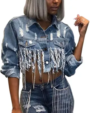 SeNight Women's Jean Jacket Long Sleeve Classic Distressed Fray Hem Tassels Denim Trucker Jackets
