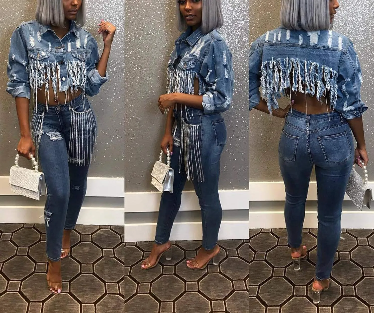 SeNight Women's Jean Jacket Long Sleeve Classic Distressed Fray Hem Tassels Denim Trucker Jackets