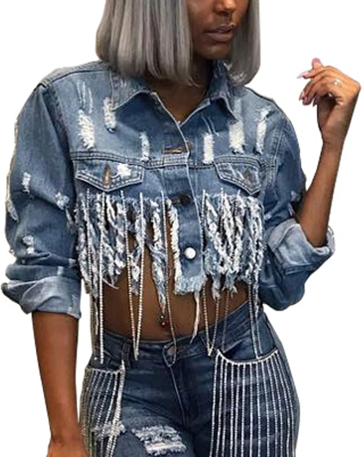SeNight Women's Jean Jacket Long Sleeve Classic Distressed Fray Hem Tassels Denim Trucker Jackets