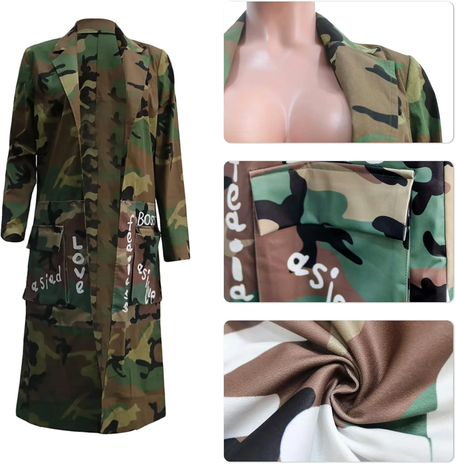 Sexy Camouflage Jacket for Women Army Fatigue Long Cargo Jackets Trench Coat Plus Size