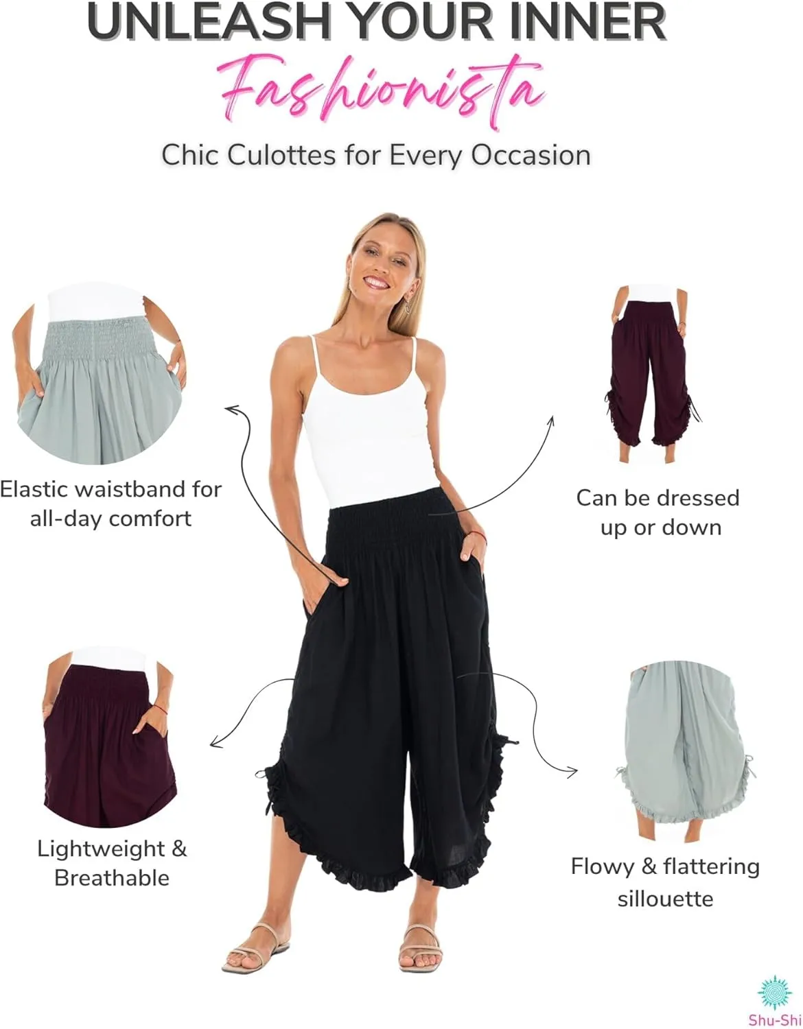 SHU-SHI Trousers Ladies Culottes for Women Gaucho Outfit Cropped Summer Pants