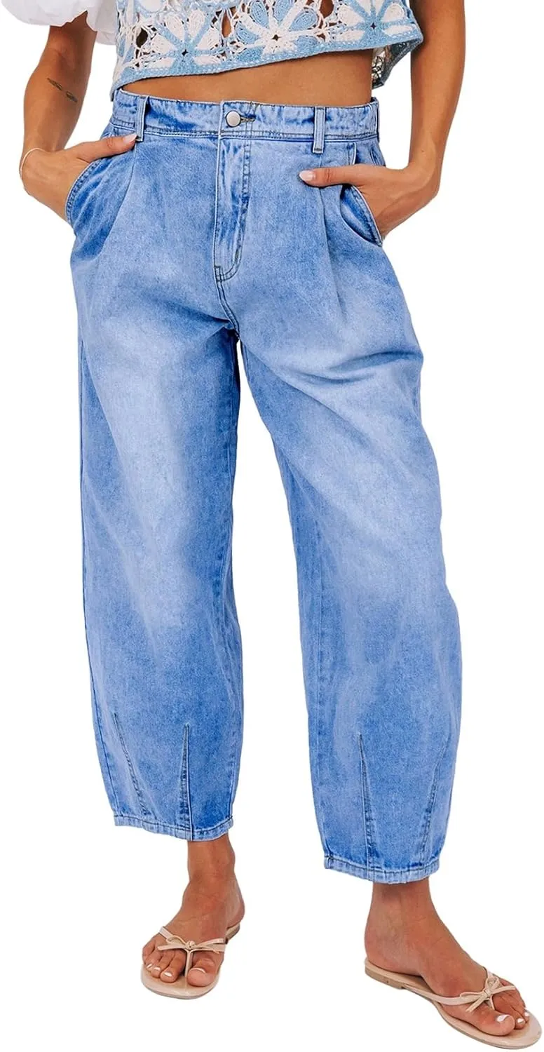 Sidefeel Women's Jeans Mid Rise Stretchy Wide Leg Baggy Jeans Trendy Loose Boyfriend Zimbaplatinum Ankle Denim Pants