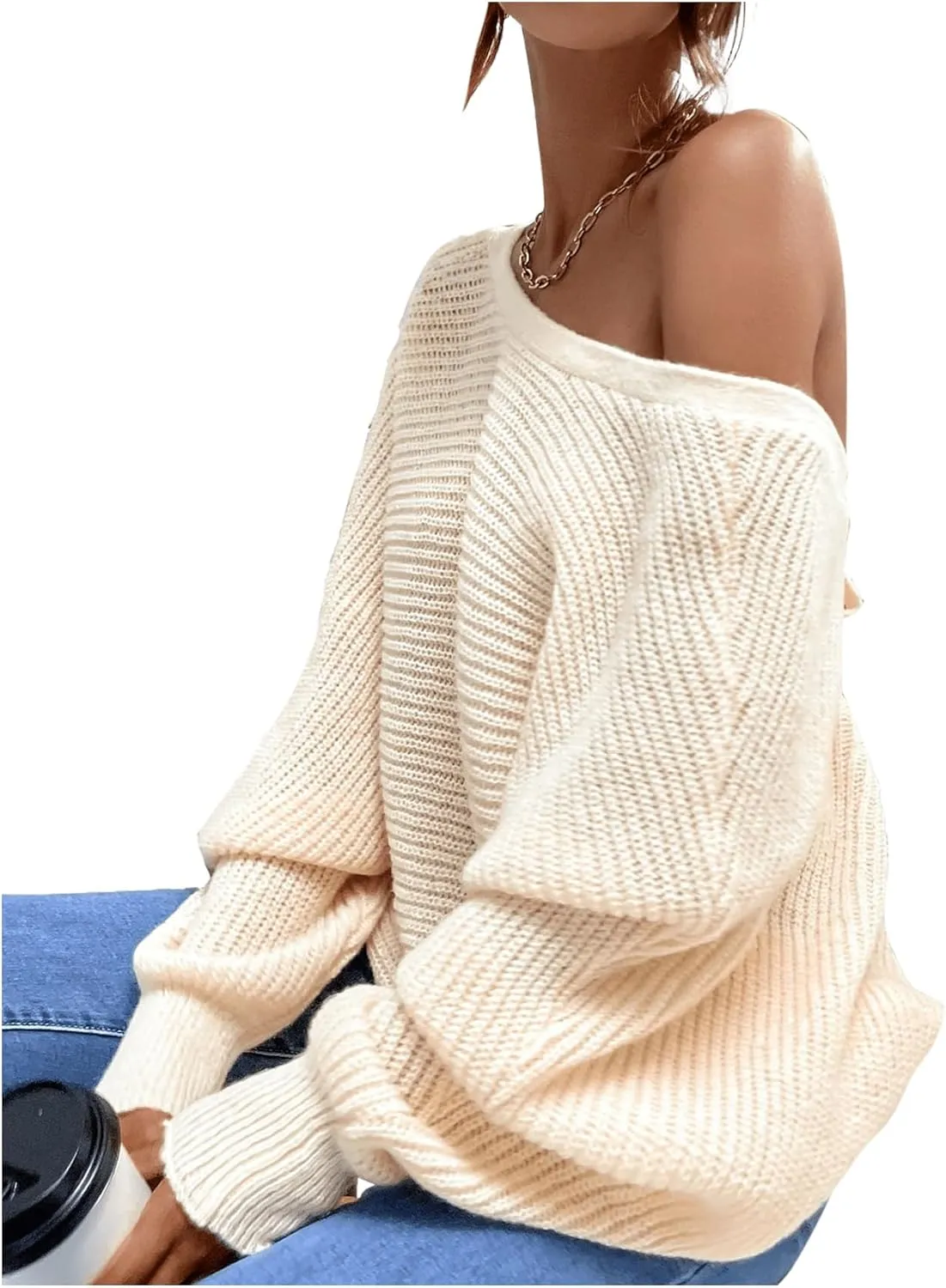 SOLY HUX Women's Off The Shoulder Pullover Sweater Long Sleeve Tie Back Knitted Drop Shoulder Sweater Tops