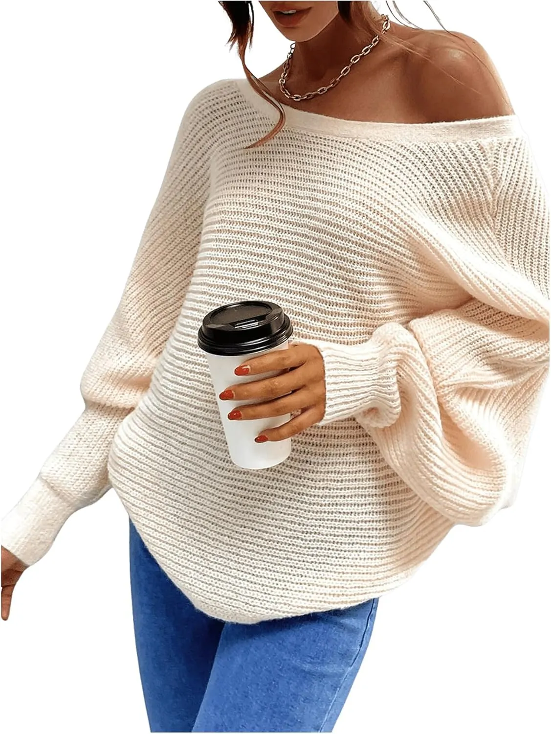 SOLY HUX Women's Off The Shoulder Pullover Sweater Long Sleeve Tie Back Knitted Drop Shoulder Sweater Tops