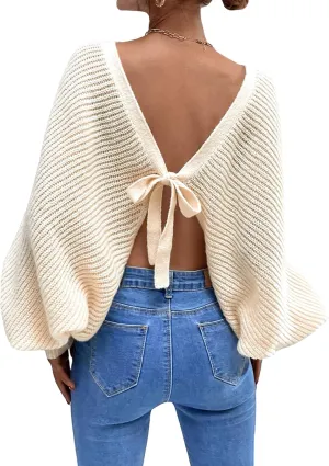 SOLY HUX Women's Off The Shoulder Pullover Sweater Long Sleeve Tie Back Knitted Drop Shoulder Sweater Tops
