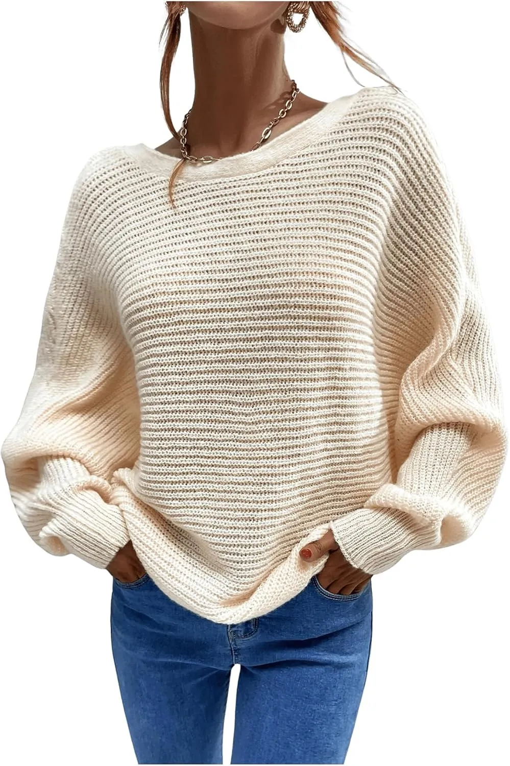 SOLY HUX Women's Off The Shoulder Pullover Sweater Long Sleeve Tie Back Knitted Drop Shoulder Sweater Tops