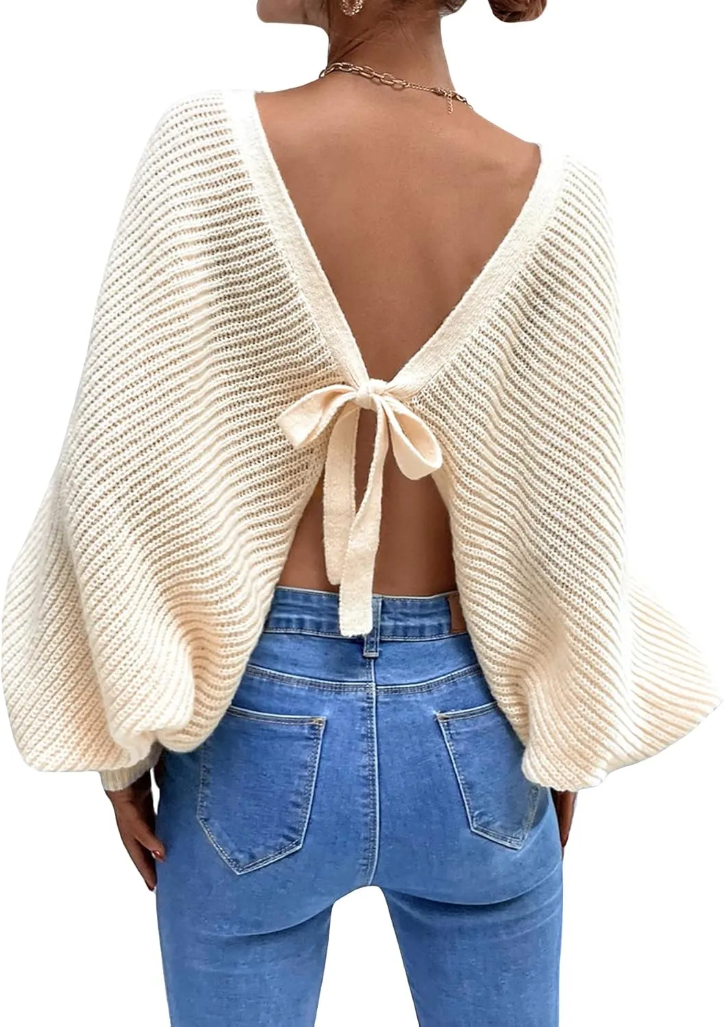 SOLY HUX Women's Off The Shoulder Pullover Sweater Long Sleeve Tie Back Knitted Drop Shoulder Sweater Tops