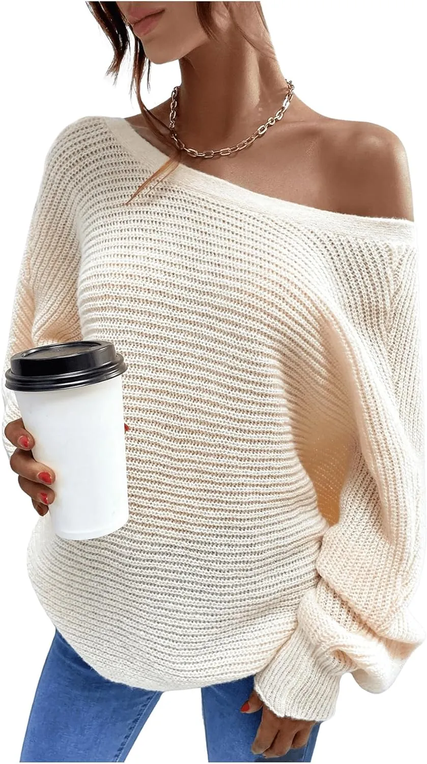 SOLY HUX Women's Off The Shoulder Pullover Sweater Long Sleeve Tie Back Knitted Drop Shoulder Sweater Tops