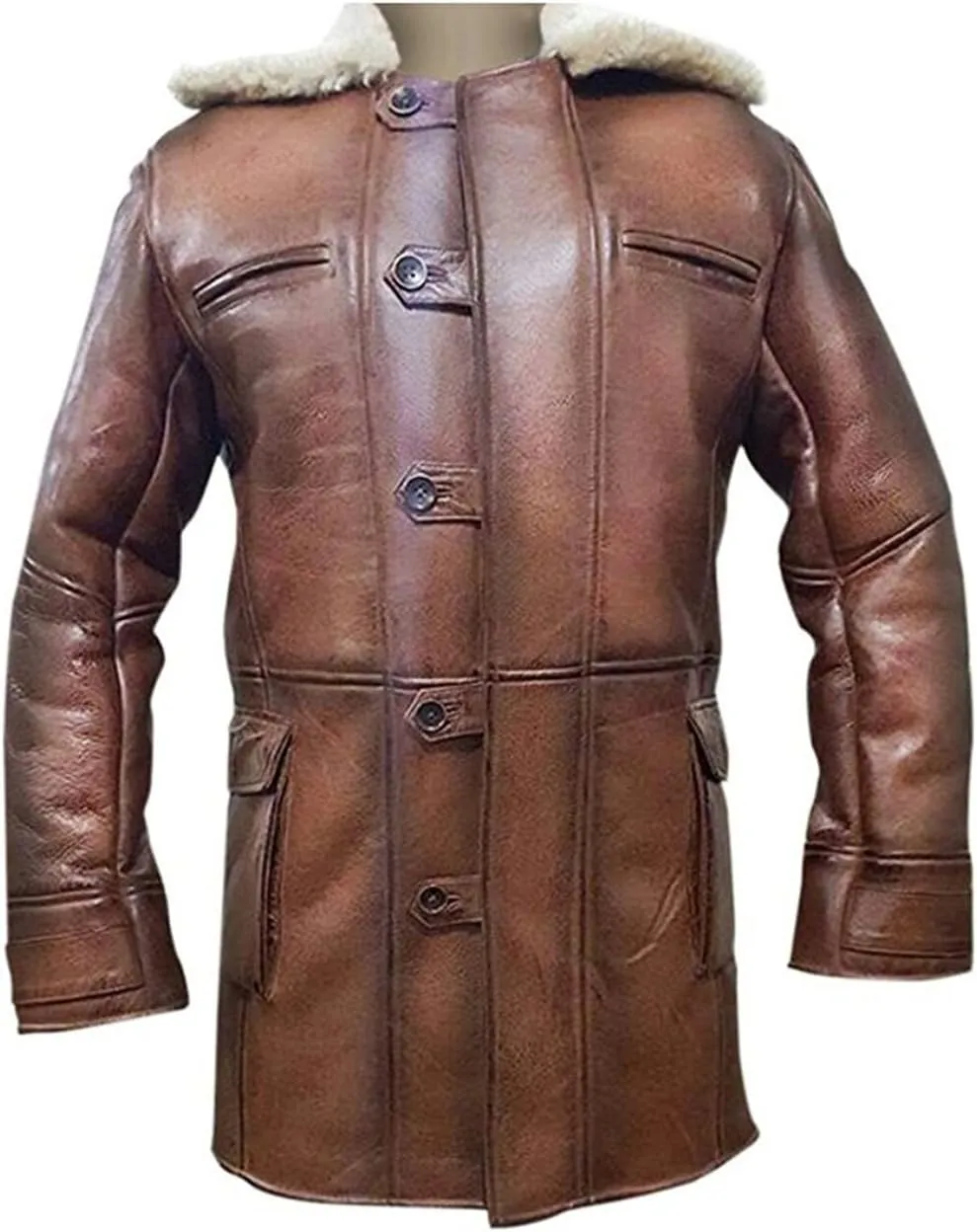 SpazeUp Mens Sheepskin Leather Jacket - Faux Shearling Brown Real Leather Bomber Jackets for Men
