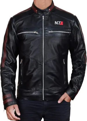 SpazeUp New 7 Leather Jacket Mens - Mass Effected Game Costume - Black Street Fighter Leather Jacket Men