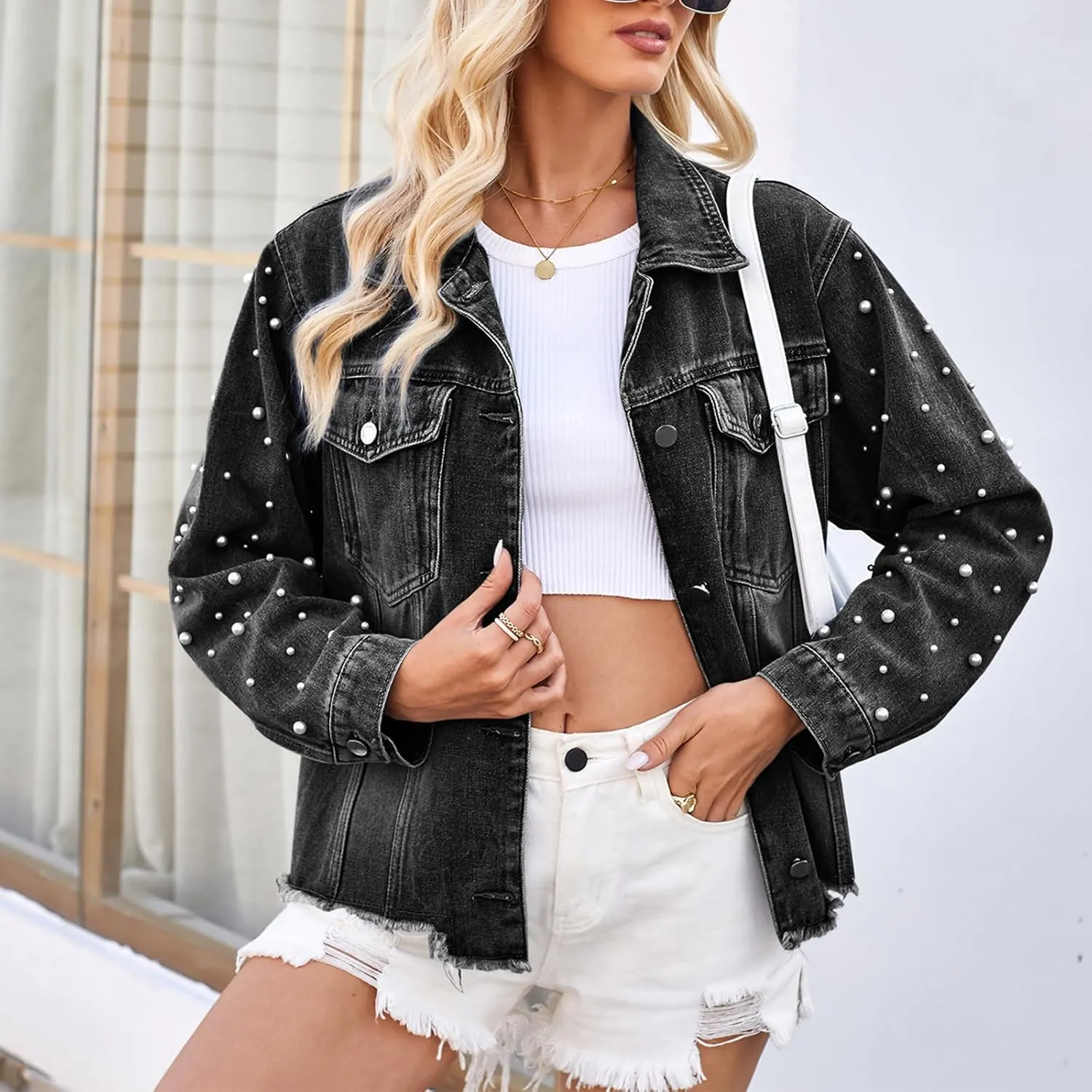 SSPalu Women Vintage Wash Denim Jacket Casual Raw Hem Pearl Long Sleeves Jean Cardigan Coat for Outwear Streetwear