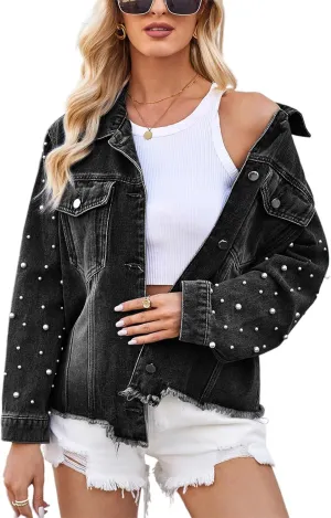 SSPalu Women Vintage Wash Denim Jacket Casual Raw Hem Pearl Long Sleeves Jean Cardigan Coat for Outwear Streetwear