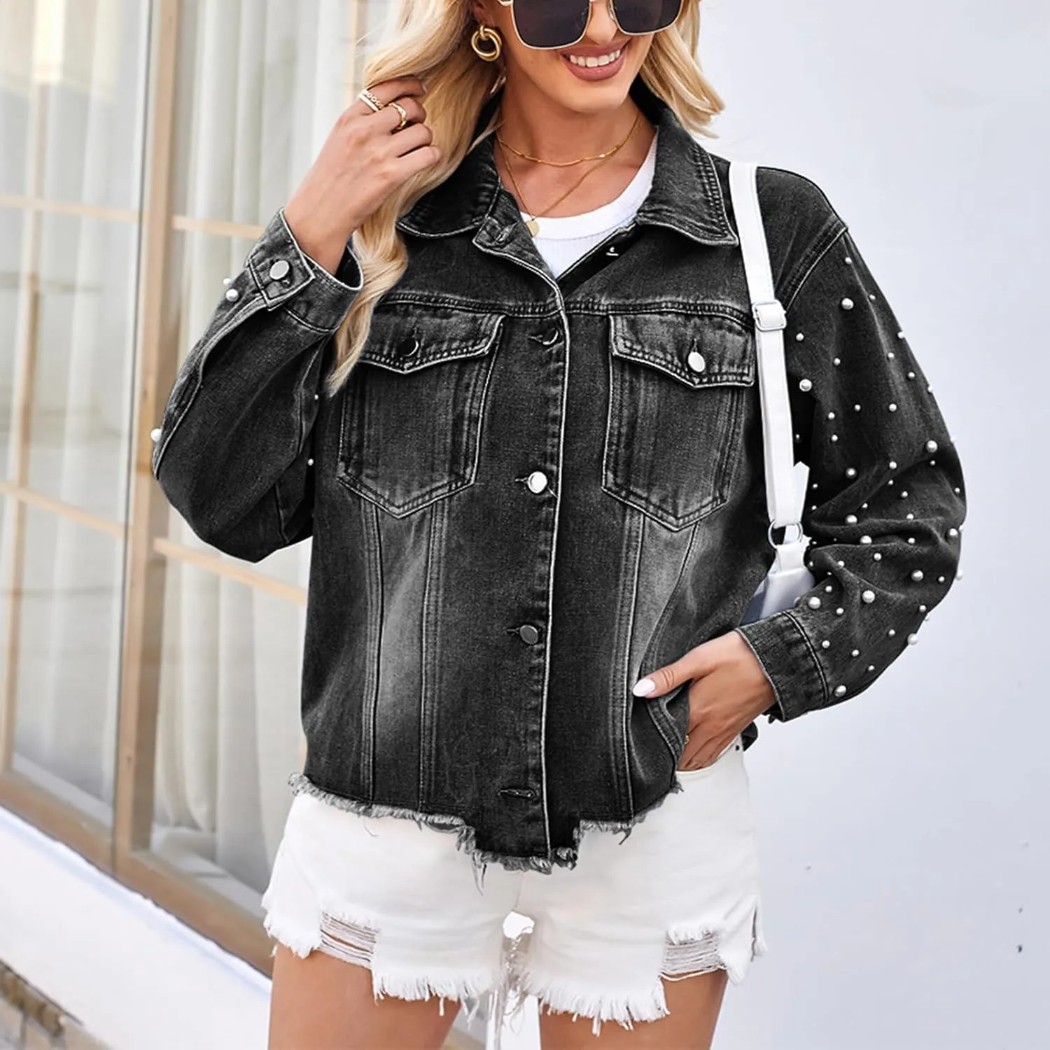 SSPalu Women Vintage Wash Denim Jacket Casual Raw Hem Pearl Long Sleeves Jean Cardigan Coat for Outwear Streetwear
