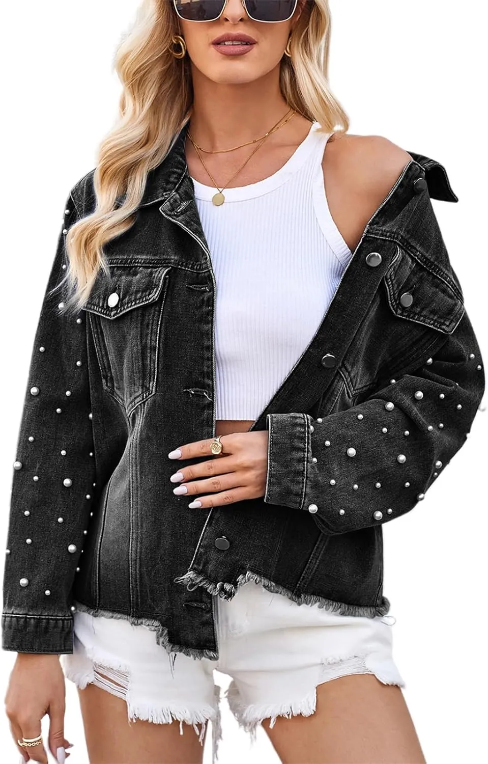 SSPalu Women Vintage Wash Denim Jacket Casual Raw Hem Pearl Long Sleeves Jean Cardigan Coat for Outwear Streetwear