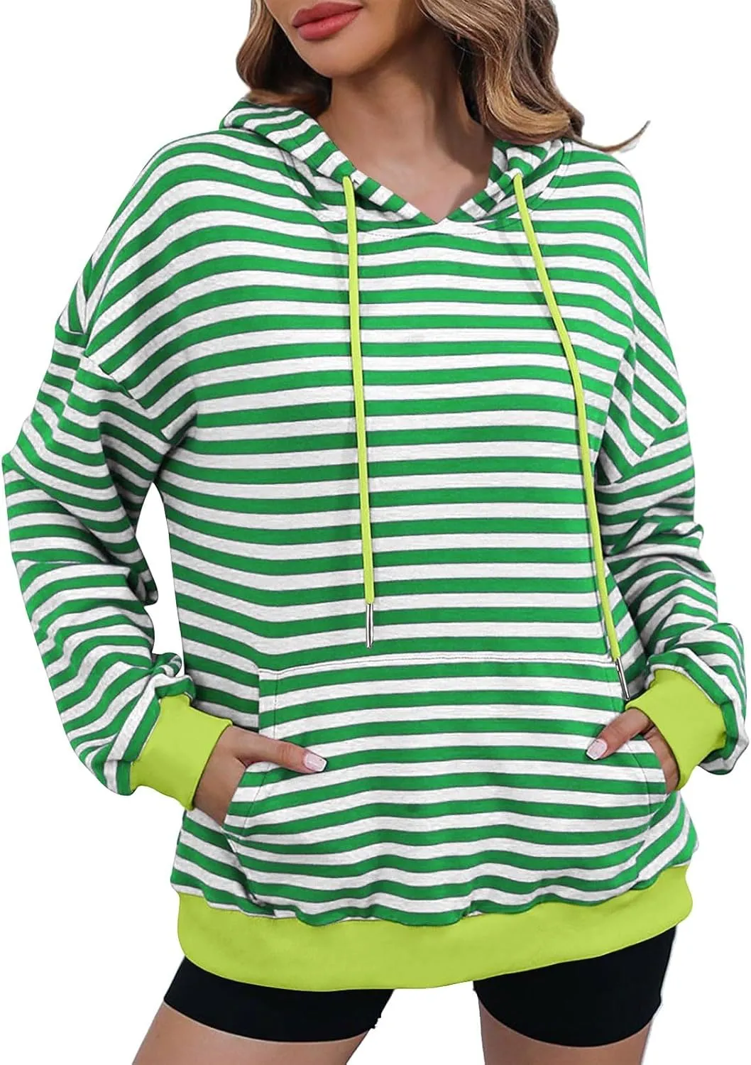 Striped Sweatshirt for Women Long Sleeve Hooded Sweatshirt Oversized Sweatshirt with Drawstring Fashion Hoodie
