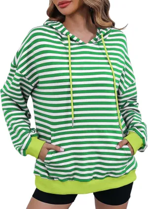 Striped Sweatshirt for Women Long Sleeve Hooded Sweatshirt Oversized Sweatshirt with Drawstring Fashion Hoodie