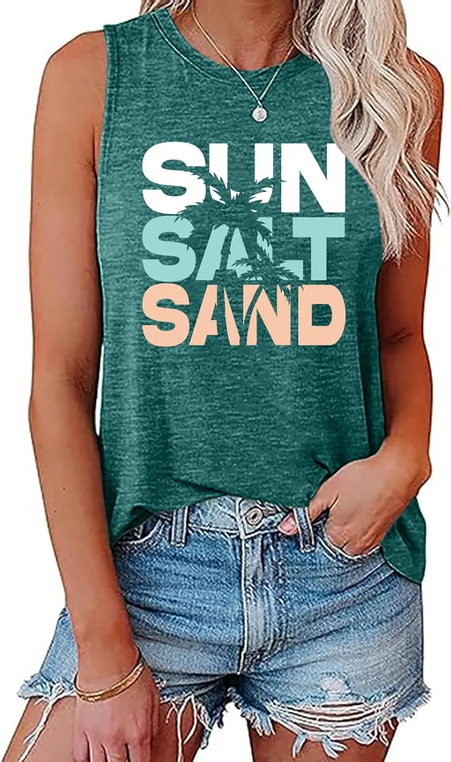 Sun Salt Sand Beach Tank Top for Women Funny Vacation Loose Fit Summer Graphic Vest