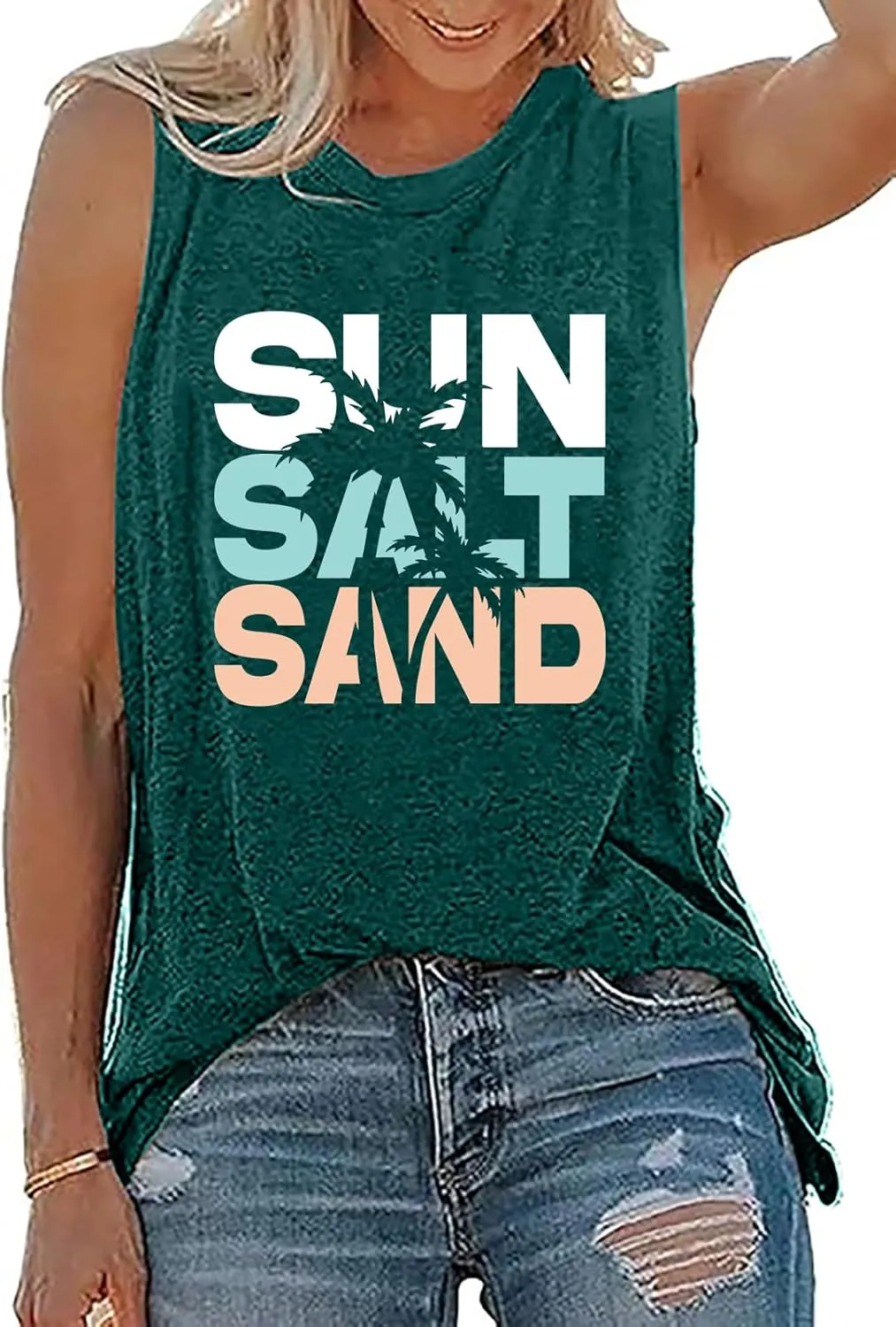 Sun Salt Sand Beach Tank Top for Women Funny Vacation Loose Fit Summer Graphic Vest