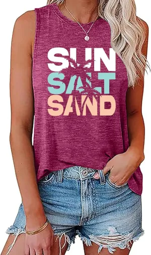 Sun Salt Sand Beach Tank Top for Women Funny Vacation Loose Fit Summer Graphic Vest