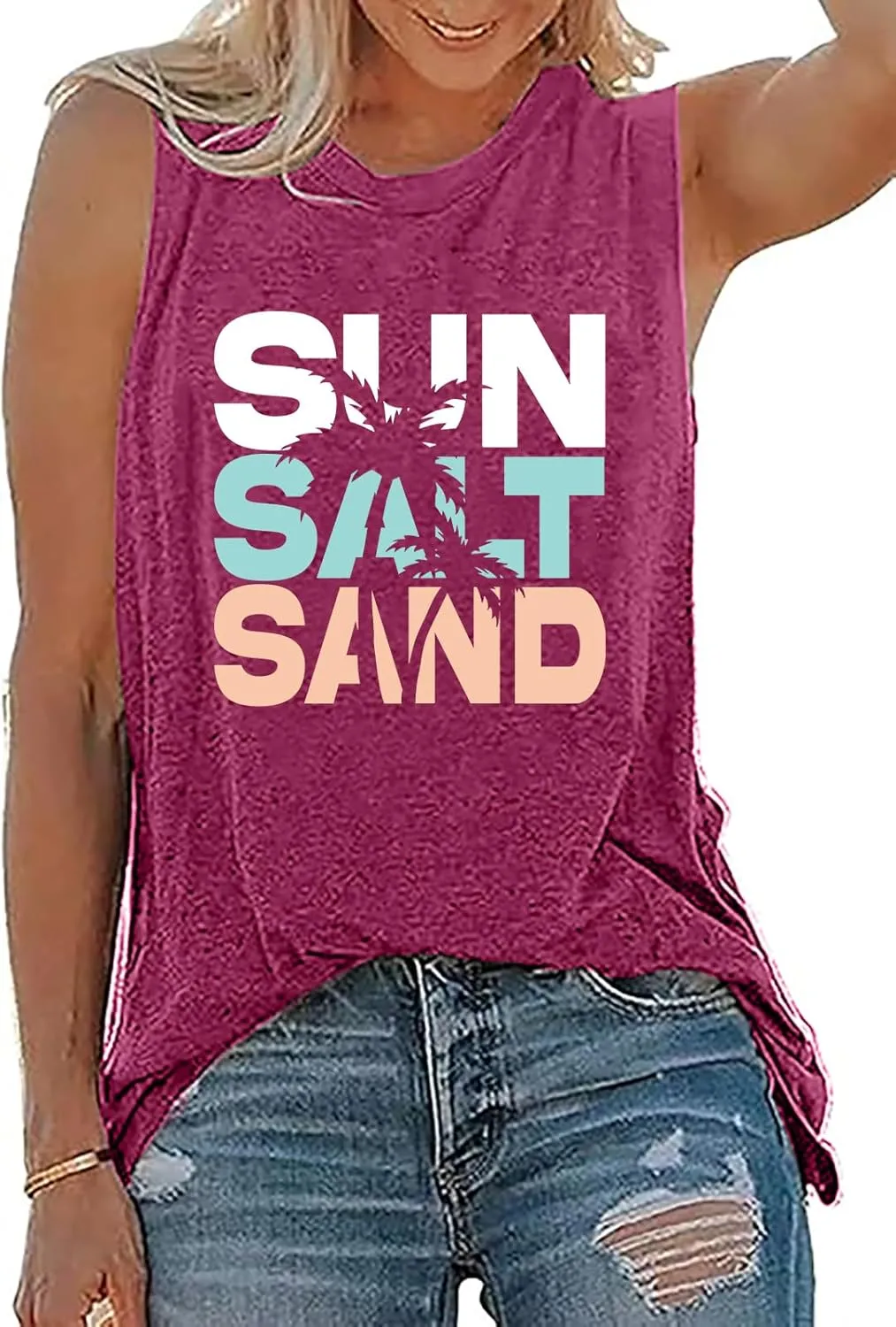 Sun Salt Sand Beach Tank Top for Women Funny Vacation Loose Fit Summer Graphic Vest
