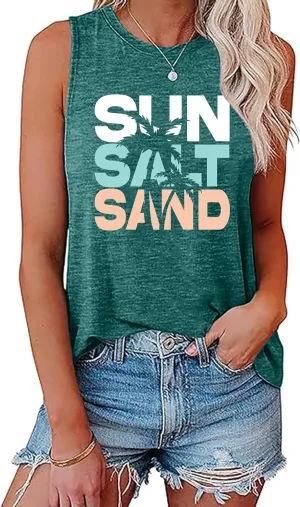 Sun Salt Sand Beach Tank Top for Women Funny Vacation Loose Fit Summer Graphic Vest