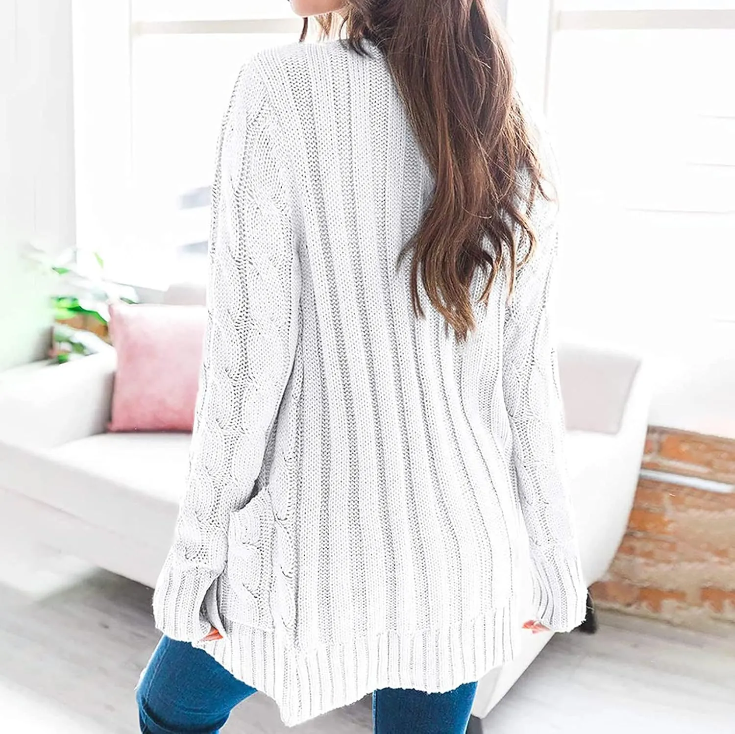 Sweaters for Women Fashion Open Front Long Sleeve Button Cardigans Chunky Cable Knitted Fall Winter Cardigan Outwear