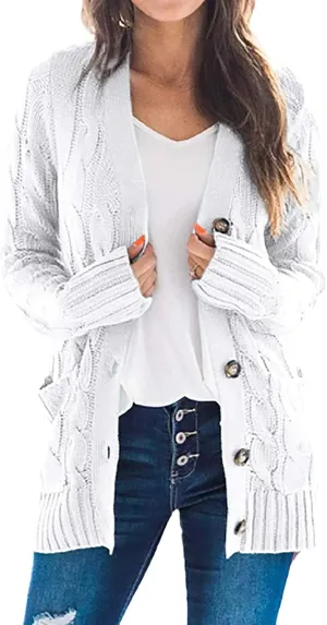 Sweaters for Women Fashion Open Front Long Sleeve Button Cardigans Chunky Cable Knitted Fall Winter Cardigan Outwear