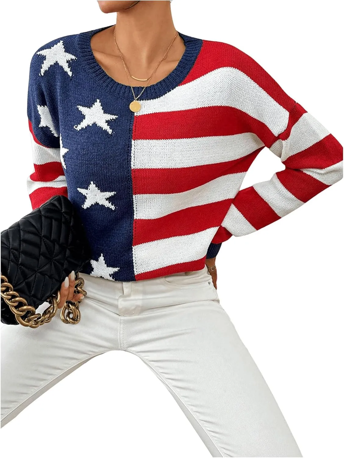 SweatyRocks Women's American Flag Sweater USA Star Striped Knit Sweater Crew Neck Pullover Long Sleeve Top
