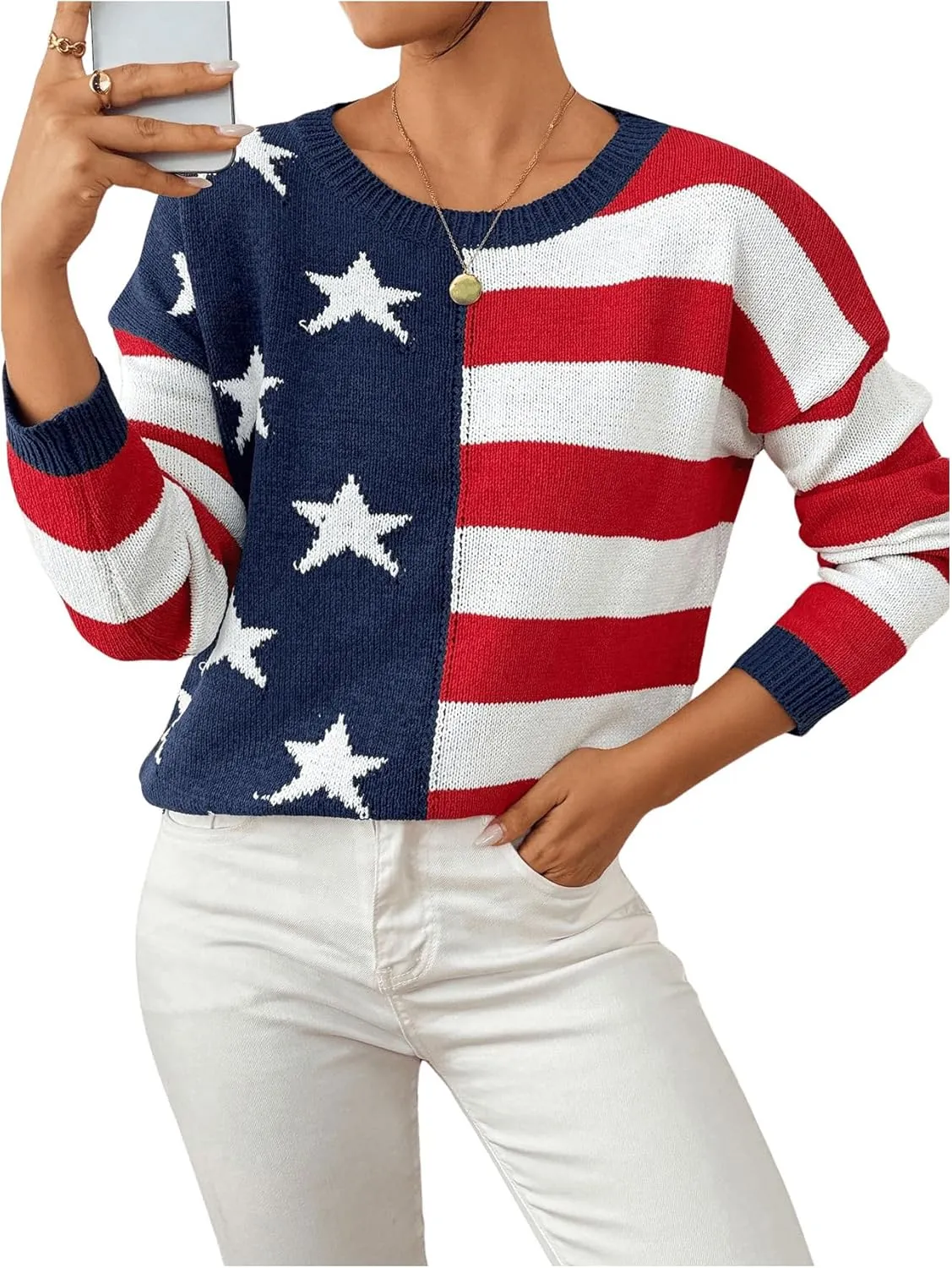 SweatyRocks Women's American Flag Sweater USA Star Striped Knit Sweater Crew Neck Pullover Long Sleeve Top
