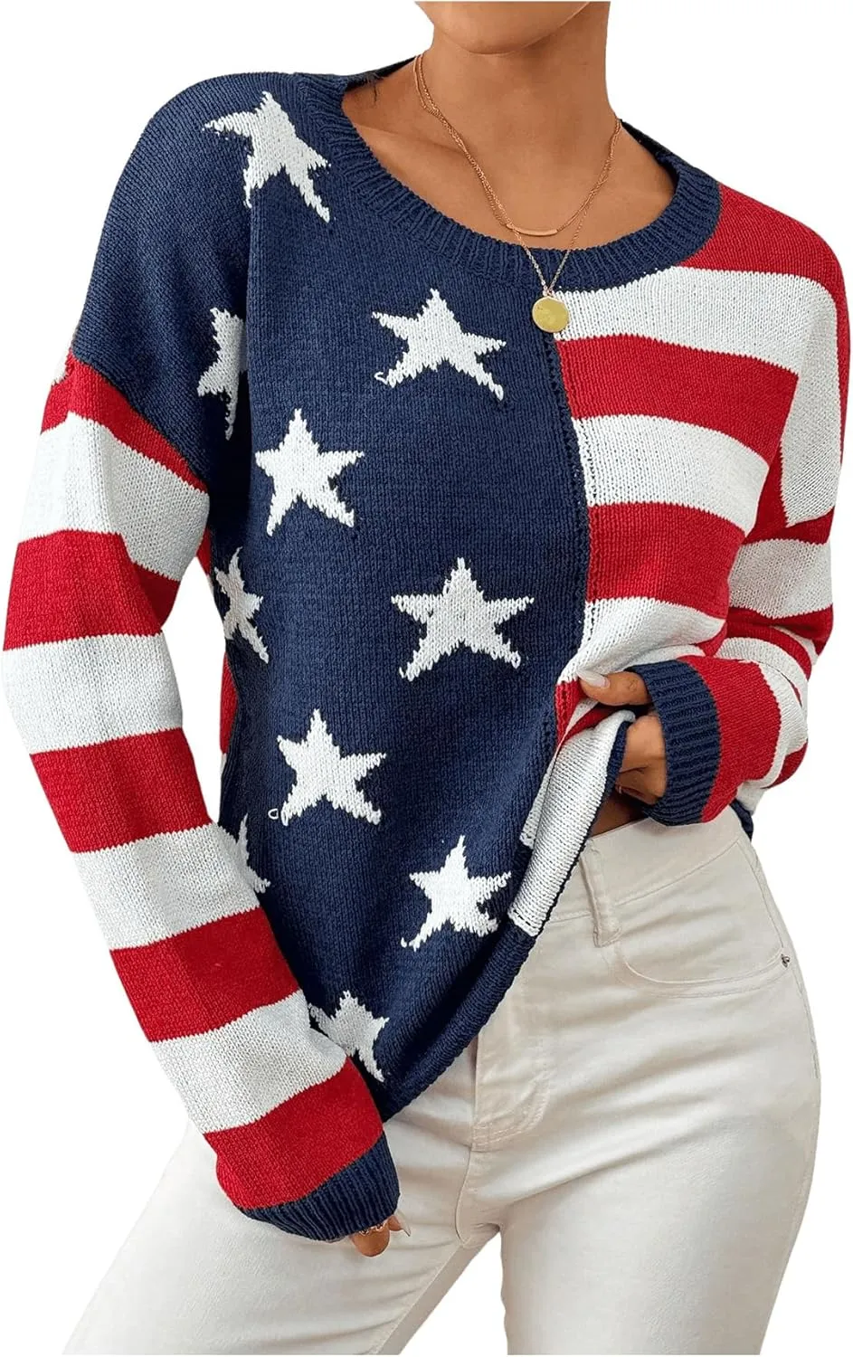 SweatyRocks Women's American Flag Sweater USA Star Striped Knit Sweater Crew Neck Pullover Long Sleeve Top