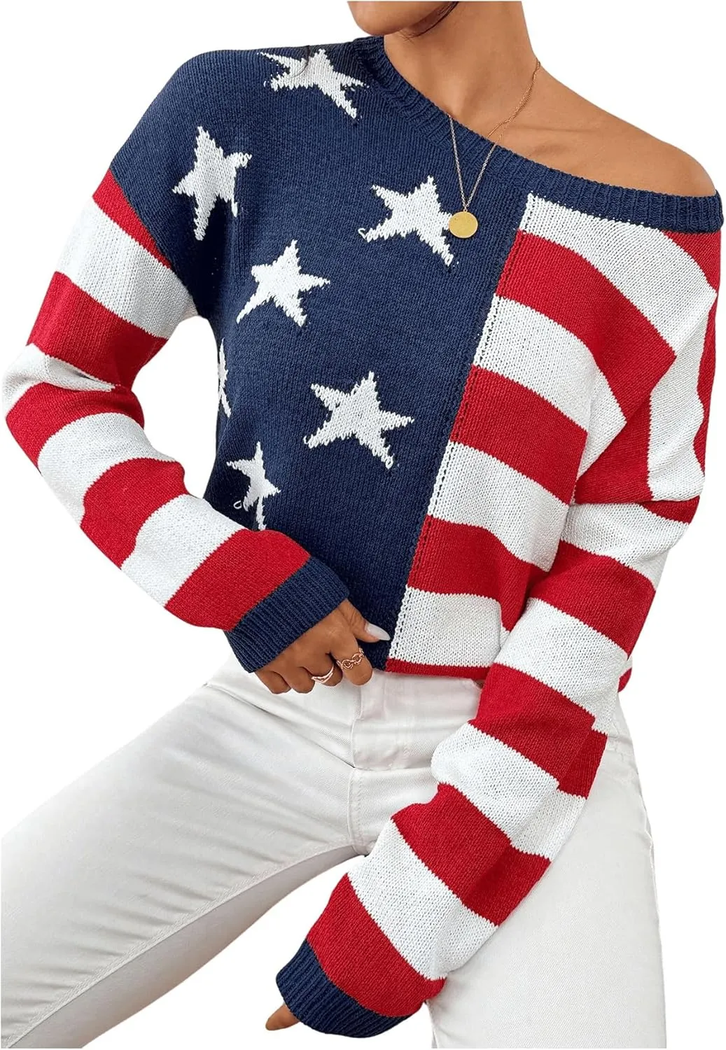 SweatyRocks Women's American Flag Sweater USA Star Striped Knit Sweater Crew Neck Pullover Long Sleeve Top