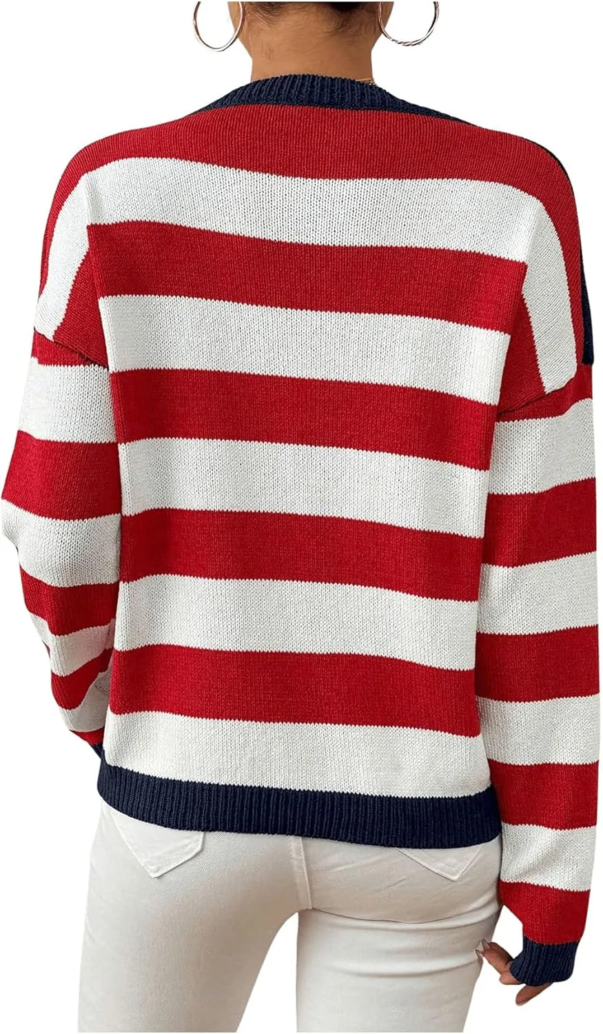 SweatyRocks Women's American Flag Sweater USA Star Striped Knit Sweater Crew Neck Pullover Long Sleeve Top