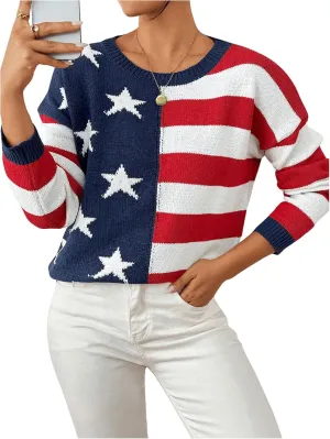 SweatyRocks Women's American Flag Sweater USA Star Striped Knit Sweater Crew Neck Pullover Long Sleeve Top