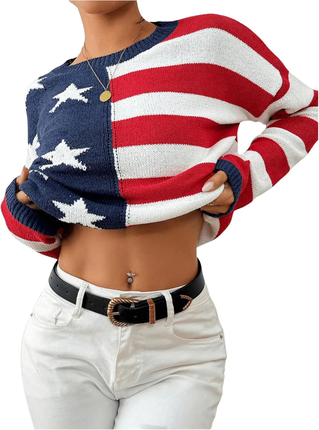 SweatyRocks Women's American Flag Sweater USA Star Striped Knit Sweater Crew Neck Pullover Long Sleeve Top
