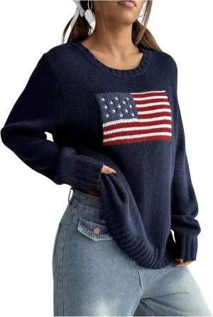 SweatyRocks Women's Flag Pattern Long Sleeve Round Neck Sweater Casual Loose Pullover Sweater