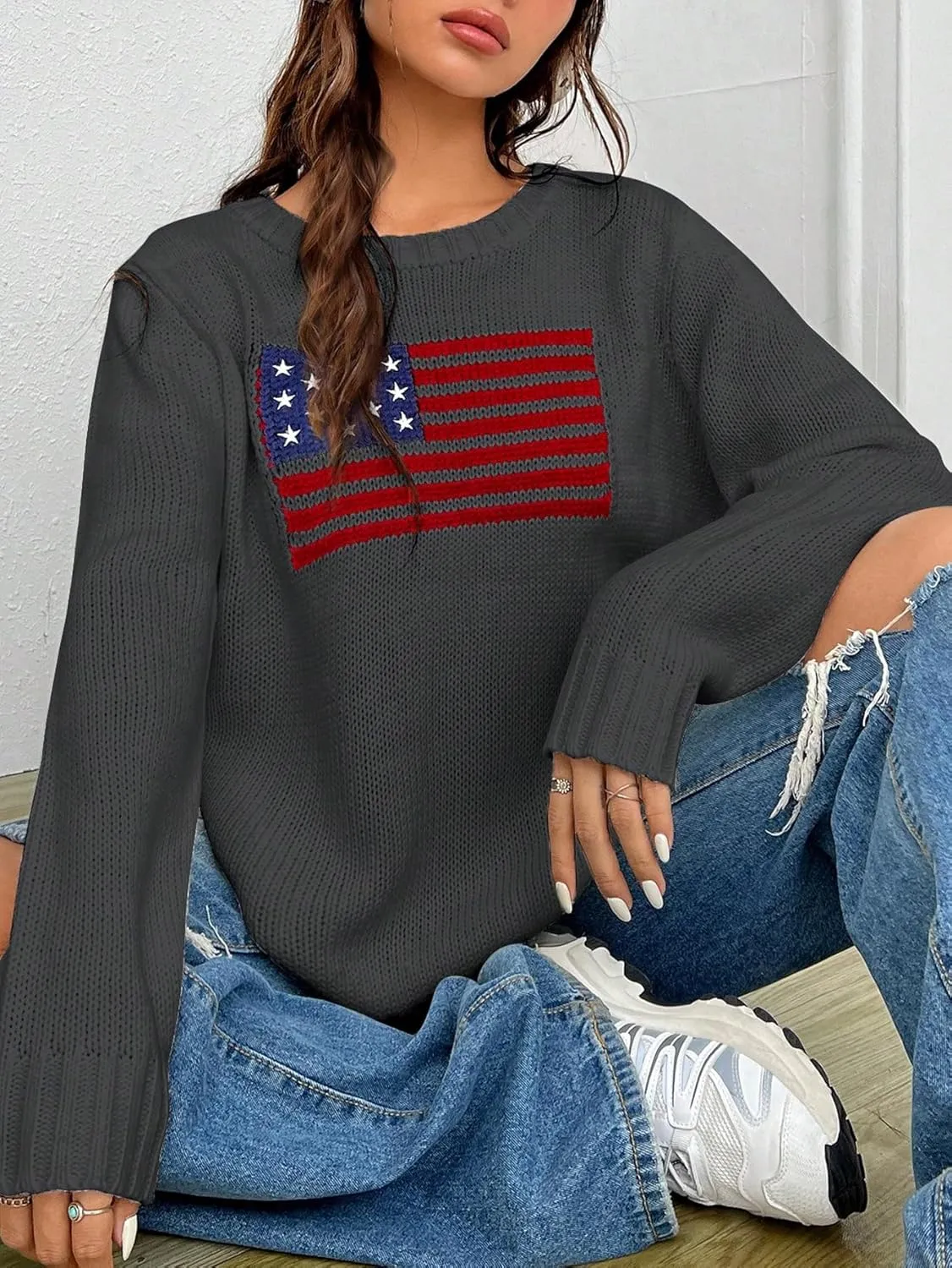 SweatyRocks Women's Flag Pattern Long Sleeve Round Neck Sweater Casual Loose Pullover Sweater