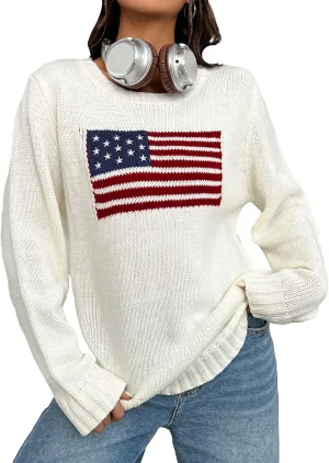 SweatyRocks Women's Flag Pattern Long Sleeve Round Neck Sweater Casual Loose Pullover Sweater