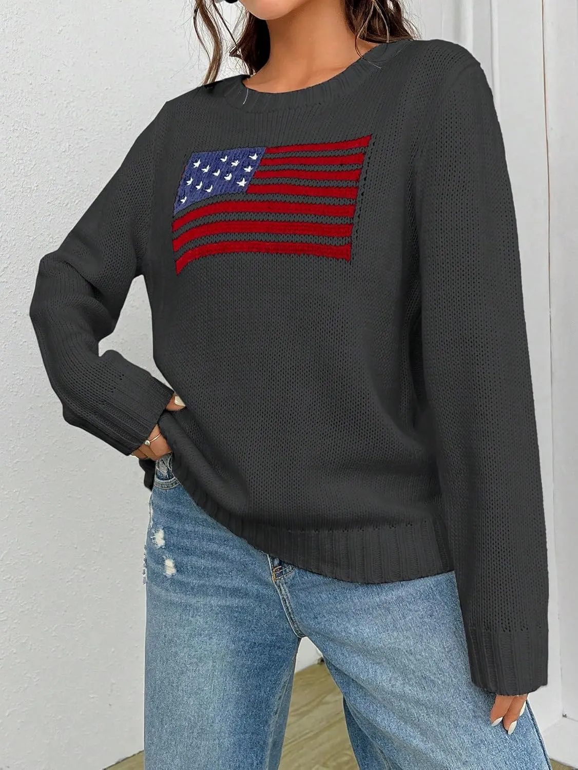 SweatyRocks Women's Flag Pattern Long Sleeve Round Neck Sweater Casual Loose Pullover Sweater