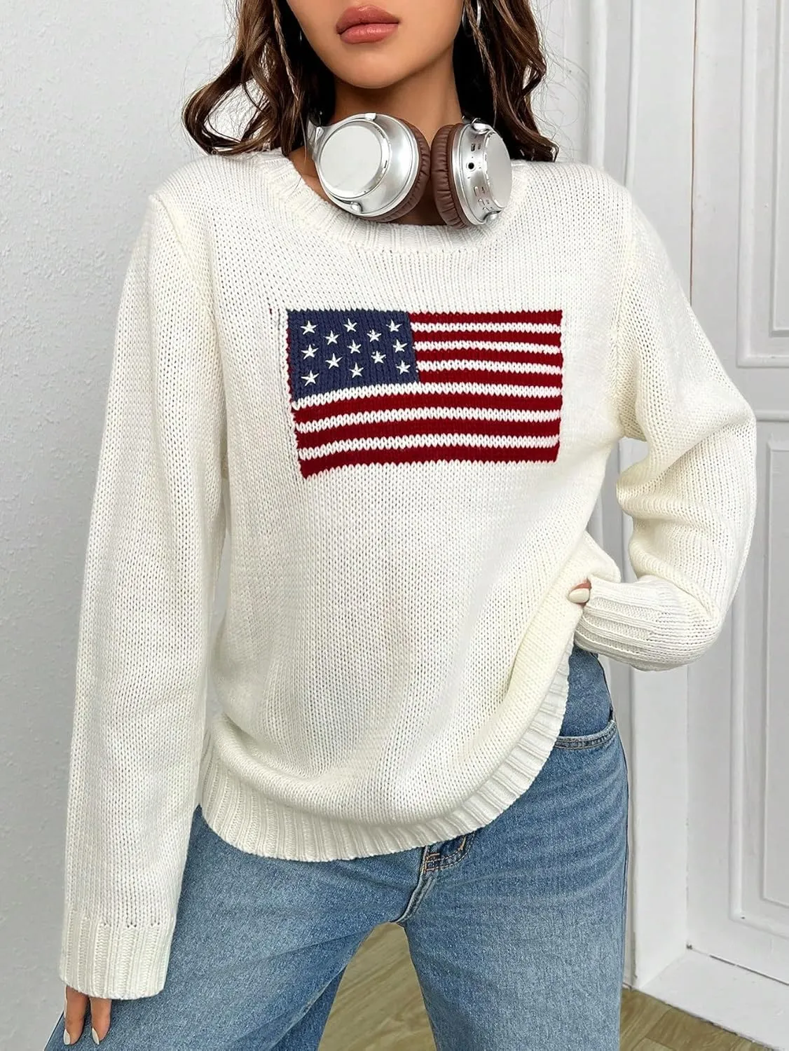 SweatyRocks Women's Flag Pattern Long Sleeve Round Neck Sweater Casual Loose Pullover Sweater