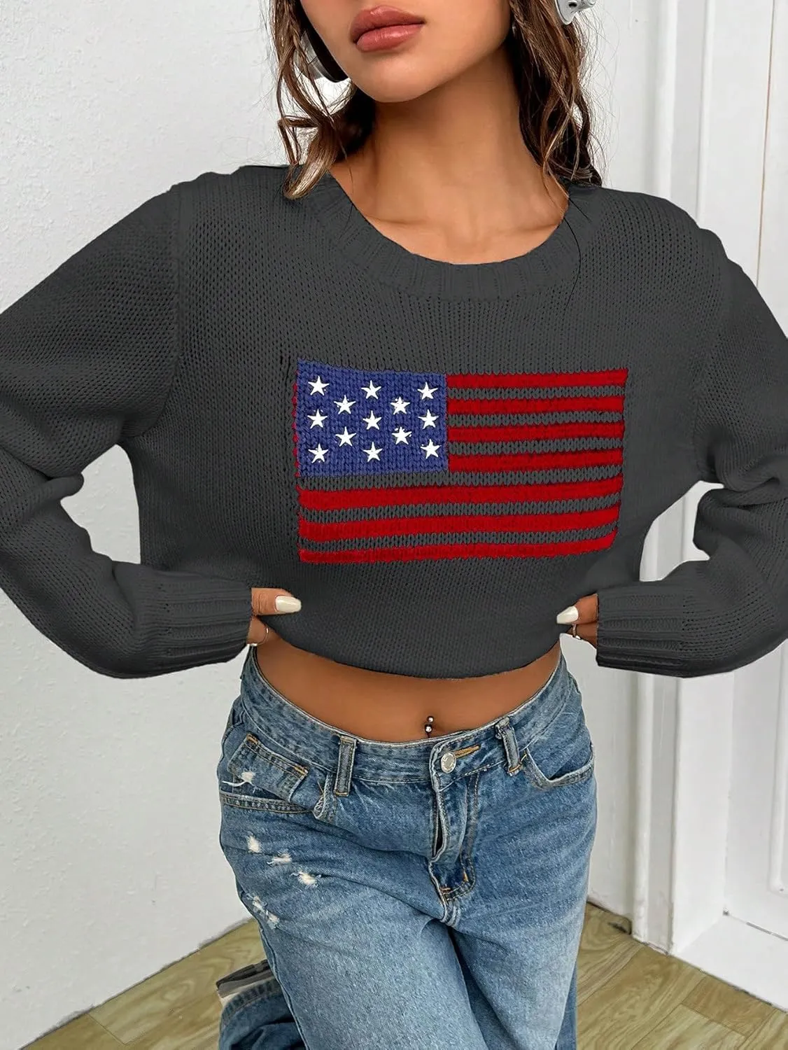 SweatyRocks Women's Flag Pattern Long Sleeve Round Neck Sweater Casual Loose Pullover Sweater