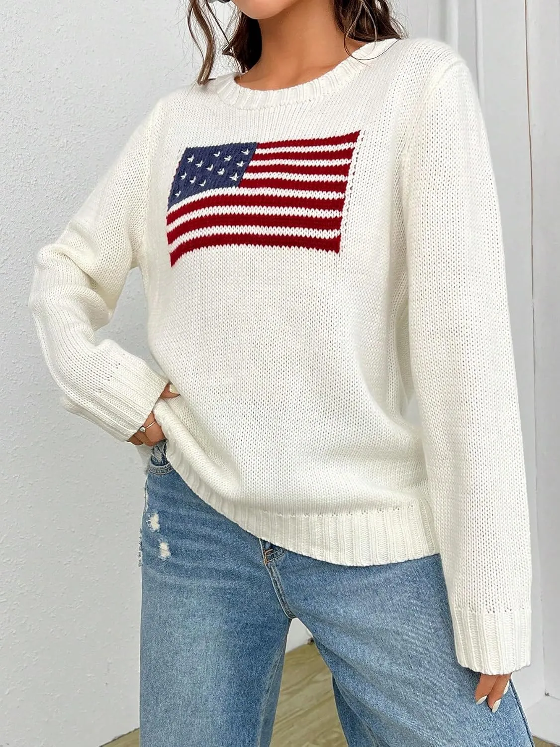 SweatyRocks Women's Flag Pattern Long Sleeve Round Neck Sweater Casual Loose Pullover Sweater