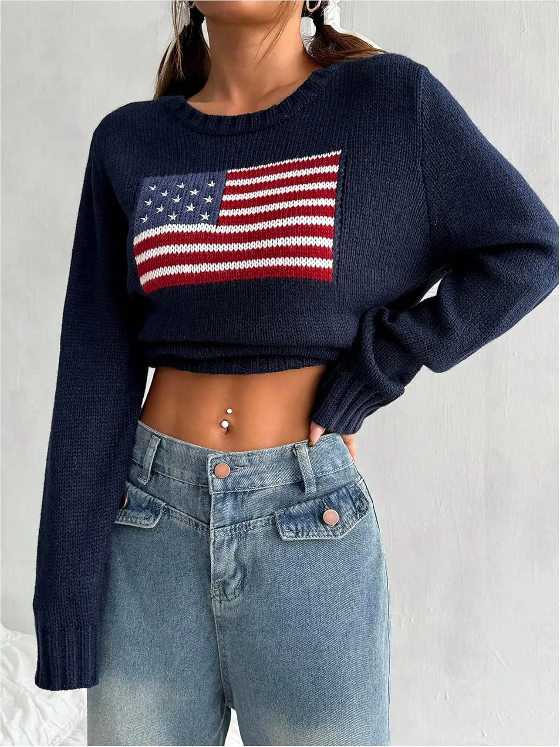 SweatyRocks Women's Flag Pattern Long Sleeve Round Neck Sweater Casual Loose Pullover Sweater