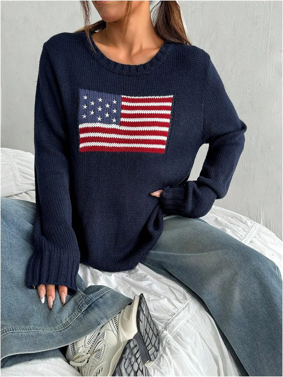 SweatyRocks Women's Flag Pattern Long Sleeve Round Neck Sweater Casual Loose Pullover Sweater
